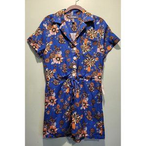 New Modcloth Linen Blend Romper Blue Orange Floral Pockets Tie Waist Sz 2